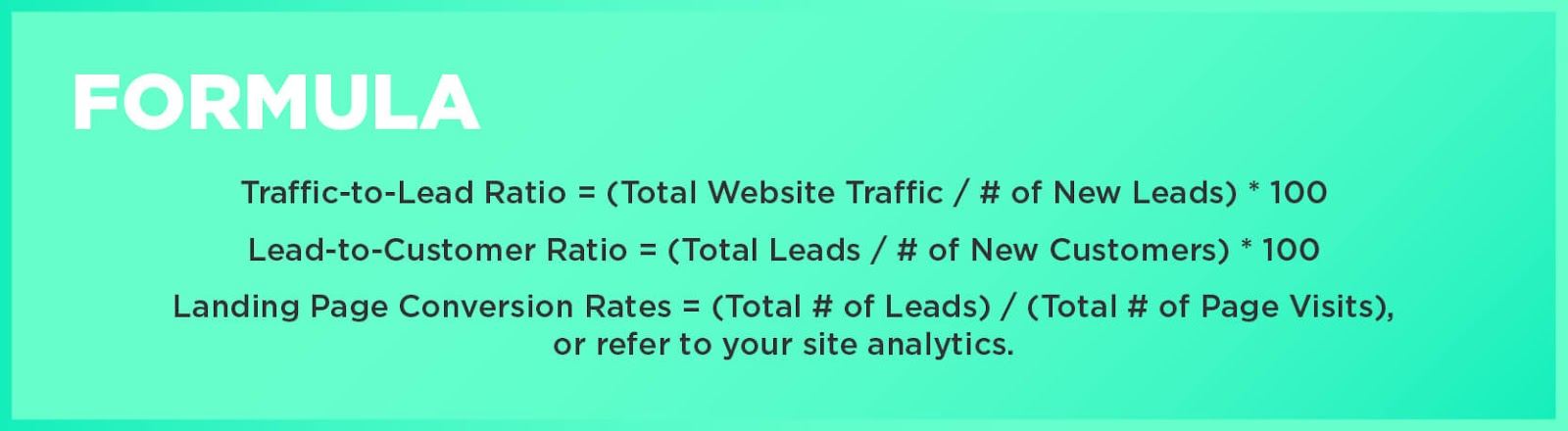 Formulas: Traffic-to-Lead Ratio = (Total Website Traffic / # of New Leads) * 100Lead-to-Customer Ratio = (Total Leads / # of New Customers) * 100Landing Page Conversion Rates = (Total # of Leads) / (Total # of Page Visits), or refer to your site analytics.